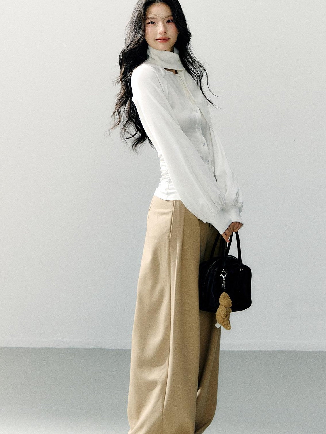 7Shiftin Cotton Bow Tie Fitted Waist Casual Cropped Long Sleeve Women White Blouses