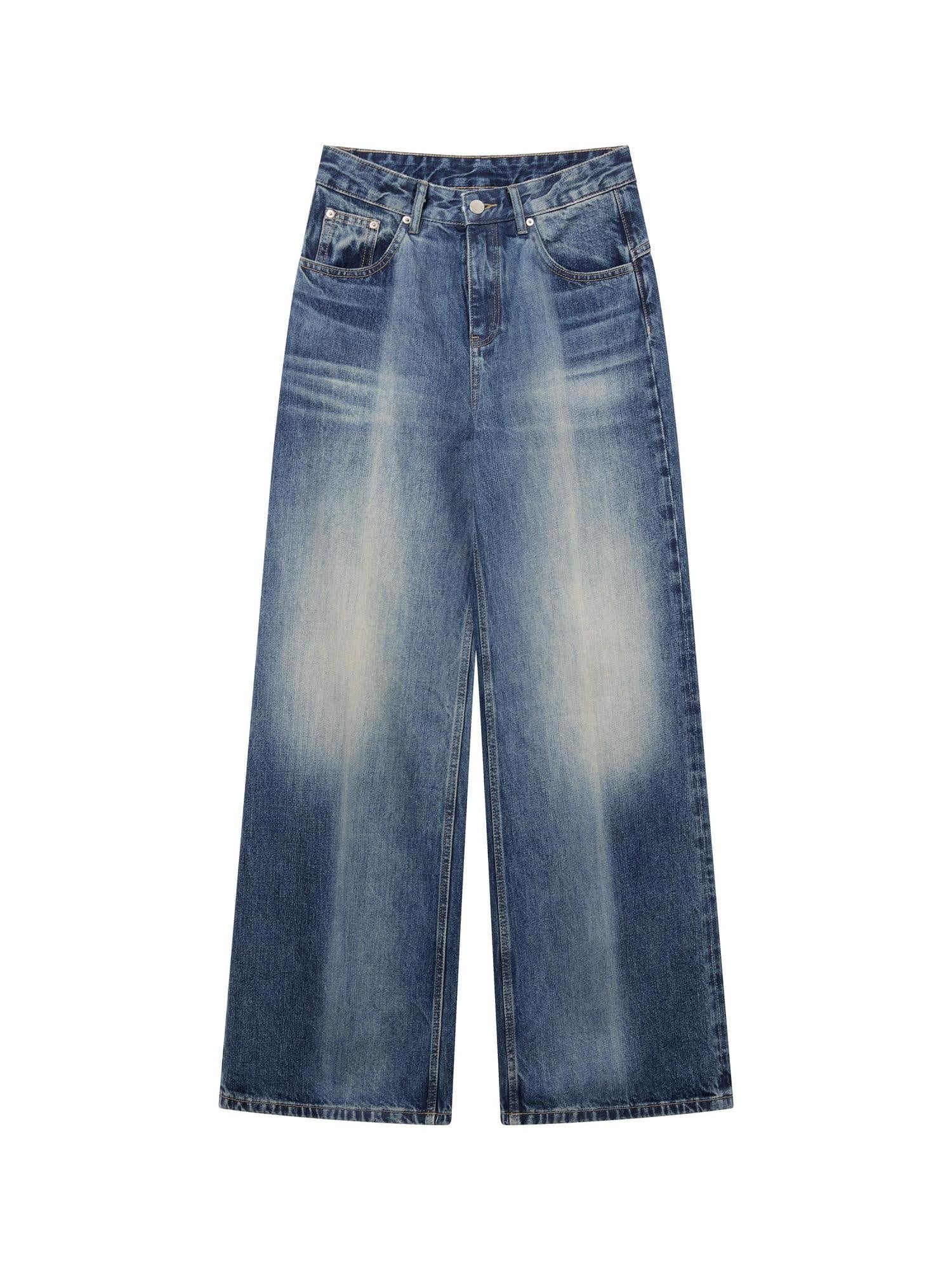 RUN TO THE FUTURE Washed Ice Blue Casual Natural Waist Womens Non Stretch Denim Straight Jeans