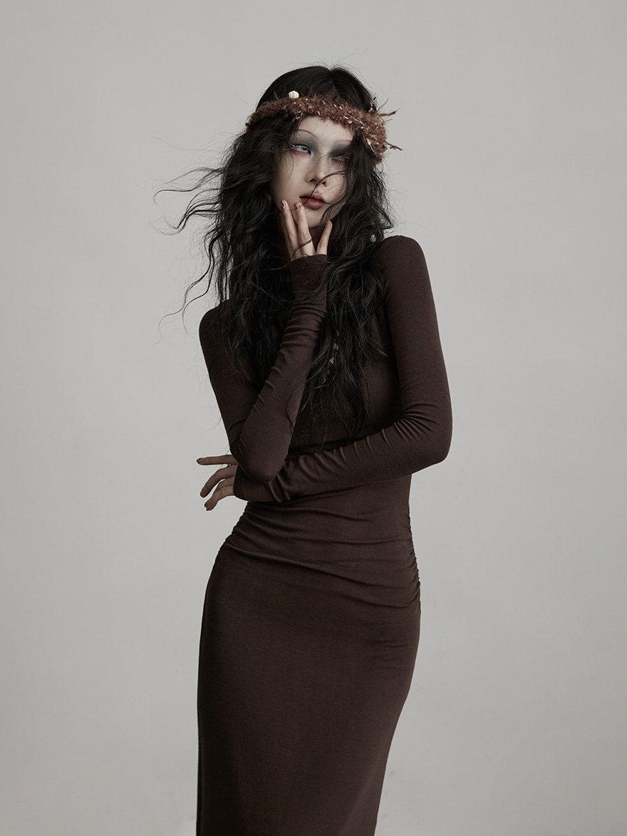 INDULGE Soft Modal Wool Cutout Slim Fit Long Sleeve Casual Brown Bodycon Maxi Dresses