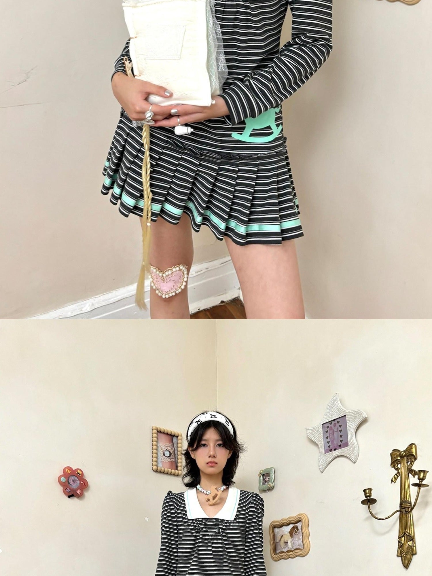 nit alcove Cute Bubble Sleeve Doll Collar Pleated Casual Striped Mint Pink Mini Dresses