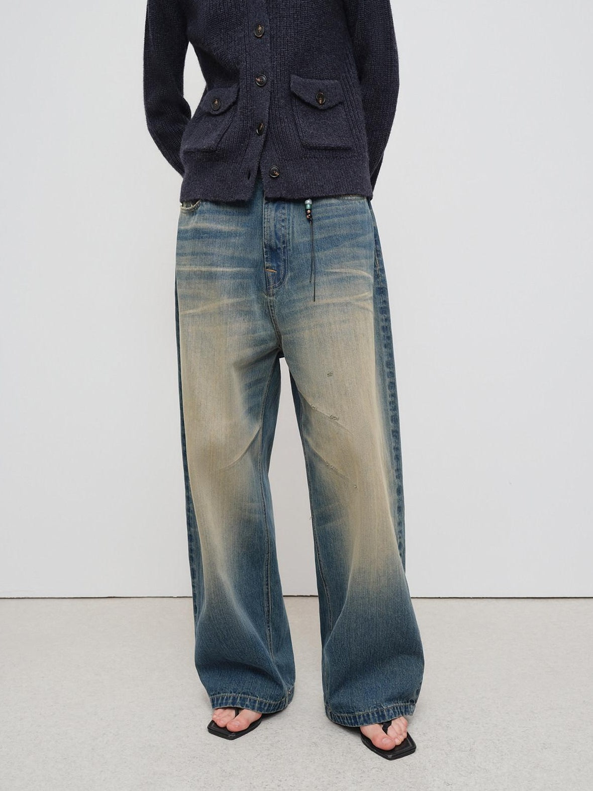 RUN TO THE FUTURE Durable Distressed Vintage Blue Low Rise Wide Leg Casual Denim Straight Jeans