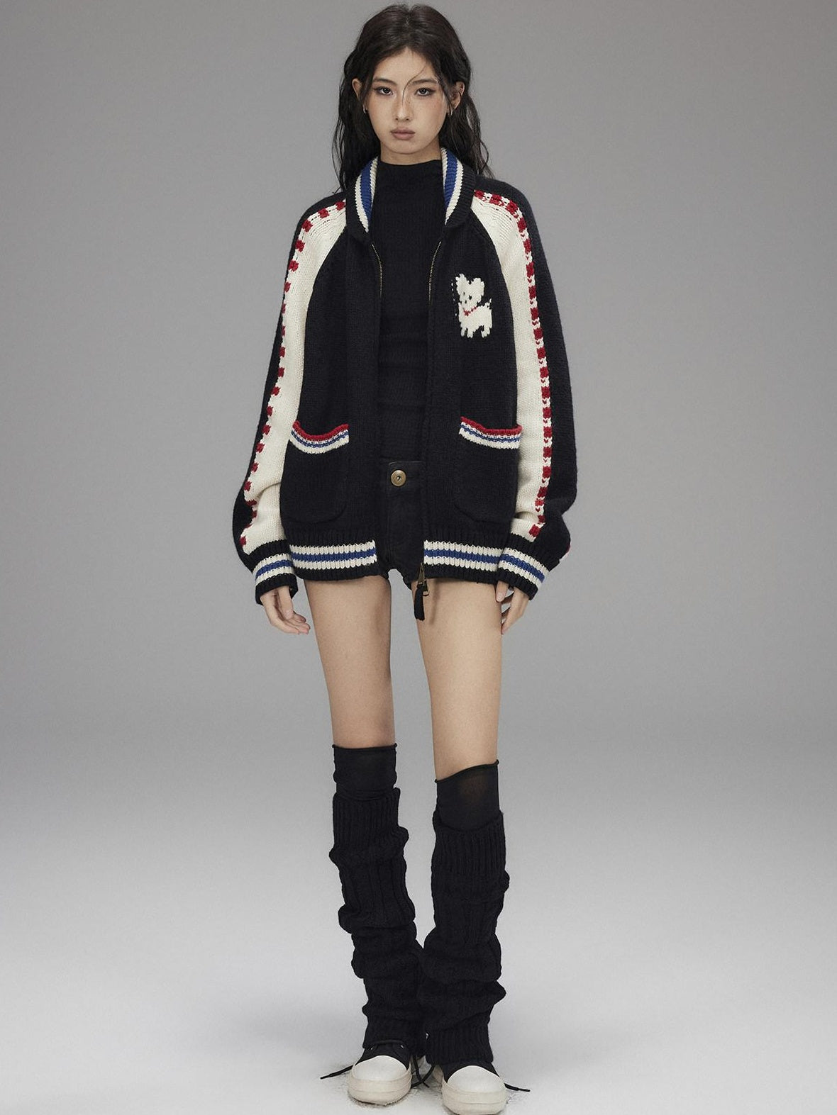 Low pixel Wool Blend Hooded Zip Colorblock Loose Casual Women Animal Print Cropped Jackets