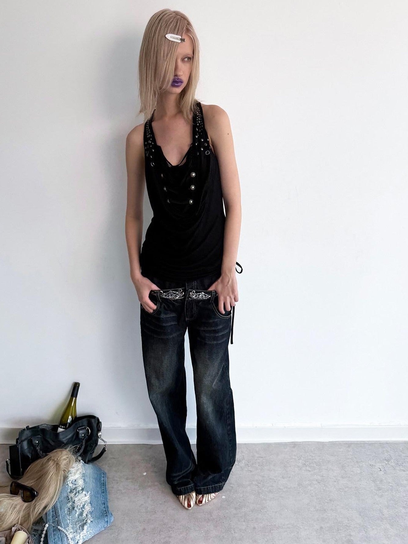 DoublePunch Sequin Embroidered Double Waistband Curved Cut Women&