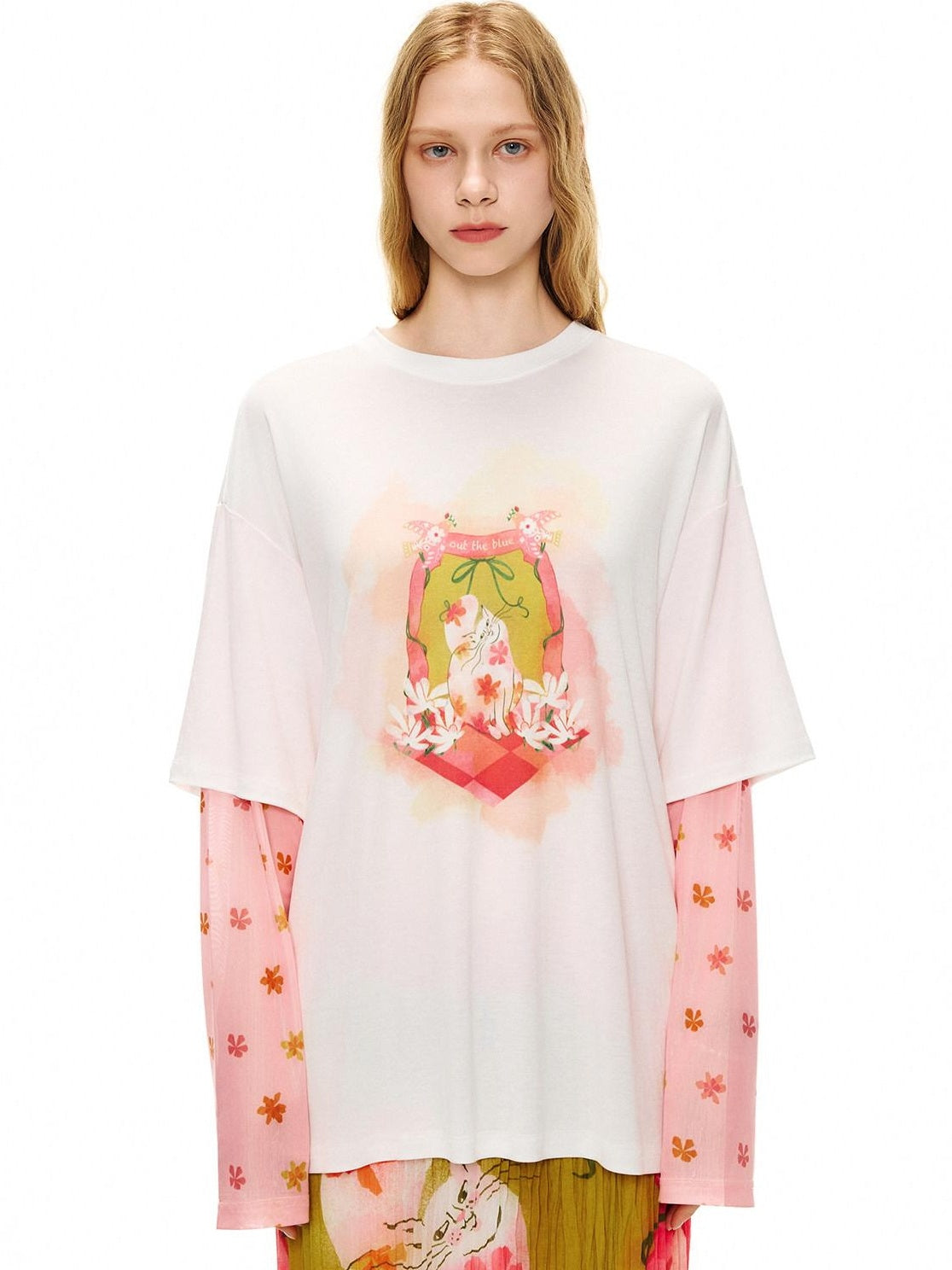 OuttheBlue Cat Garden Print Casual Loose Drop Shoulder Round Neck Long Sleeve T-Shirts