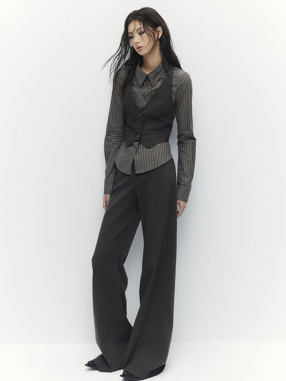 Low pixel Breathable Cotton Vintage Fitted Striped Button Long Sleeve Women Shirts