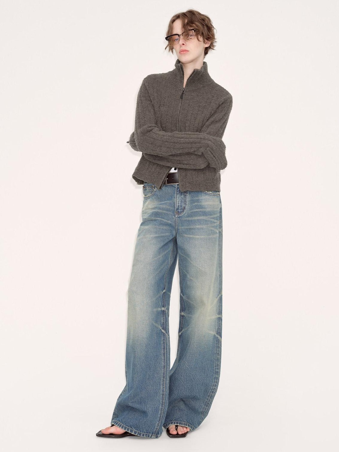RUN TO THE FUTURE Acrylic Wool Blend Slim Zip High Neck Office Cropped Olive Cardigans