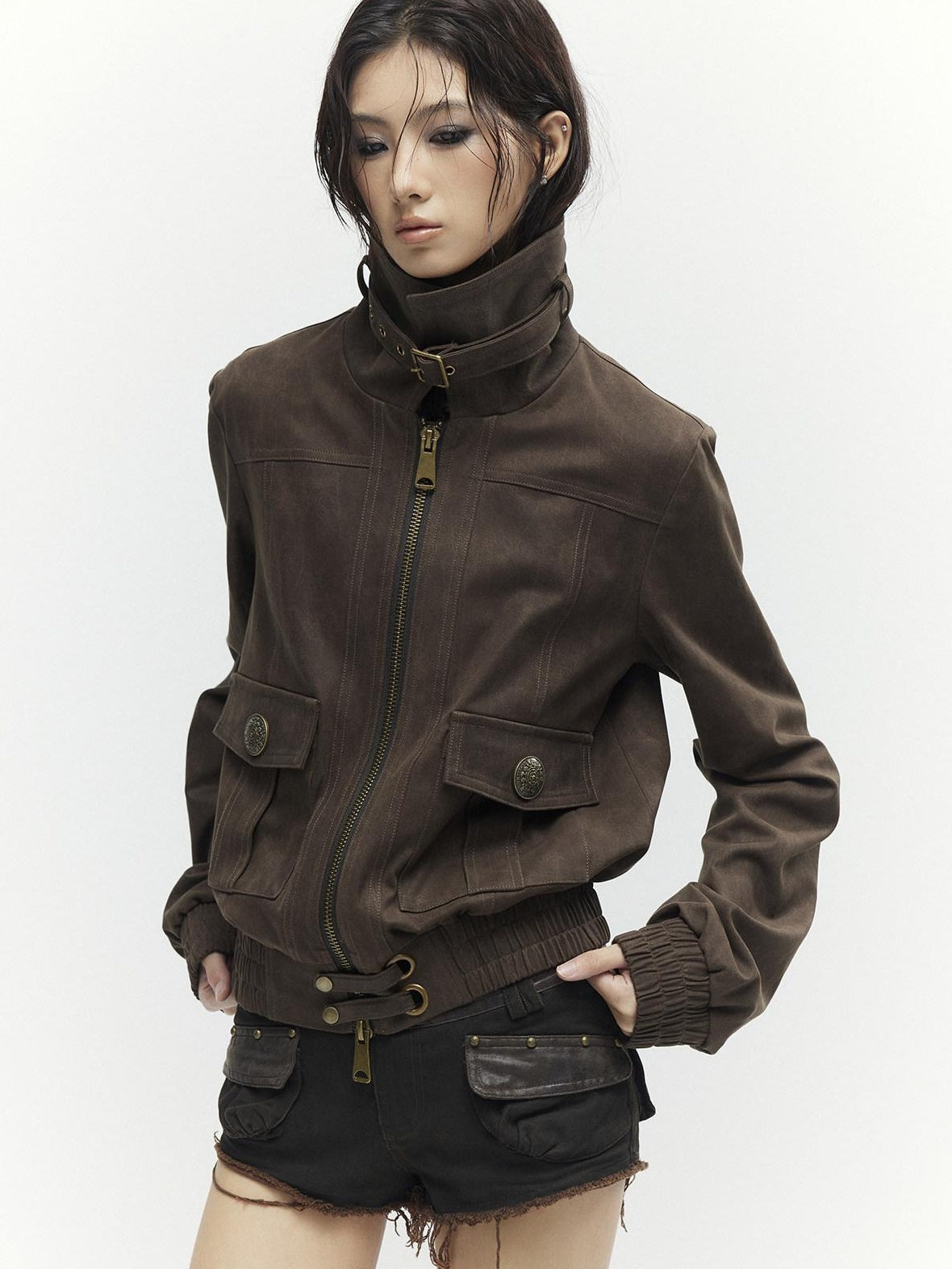 Low pixel Metal Trim Vintage Standard Womens Brown Zip Lapel Cropped Jackets