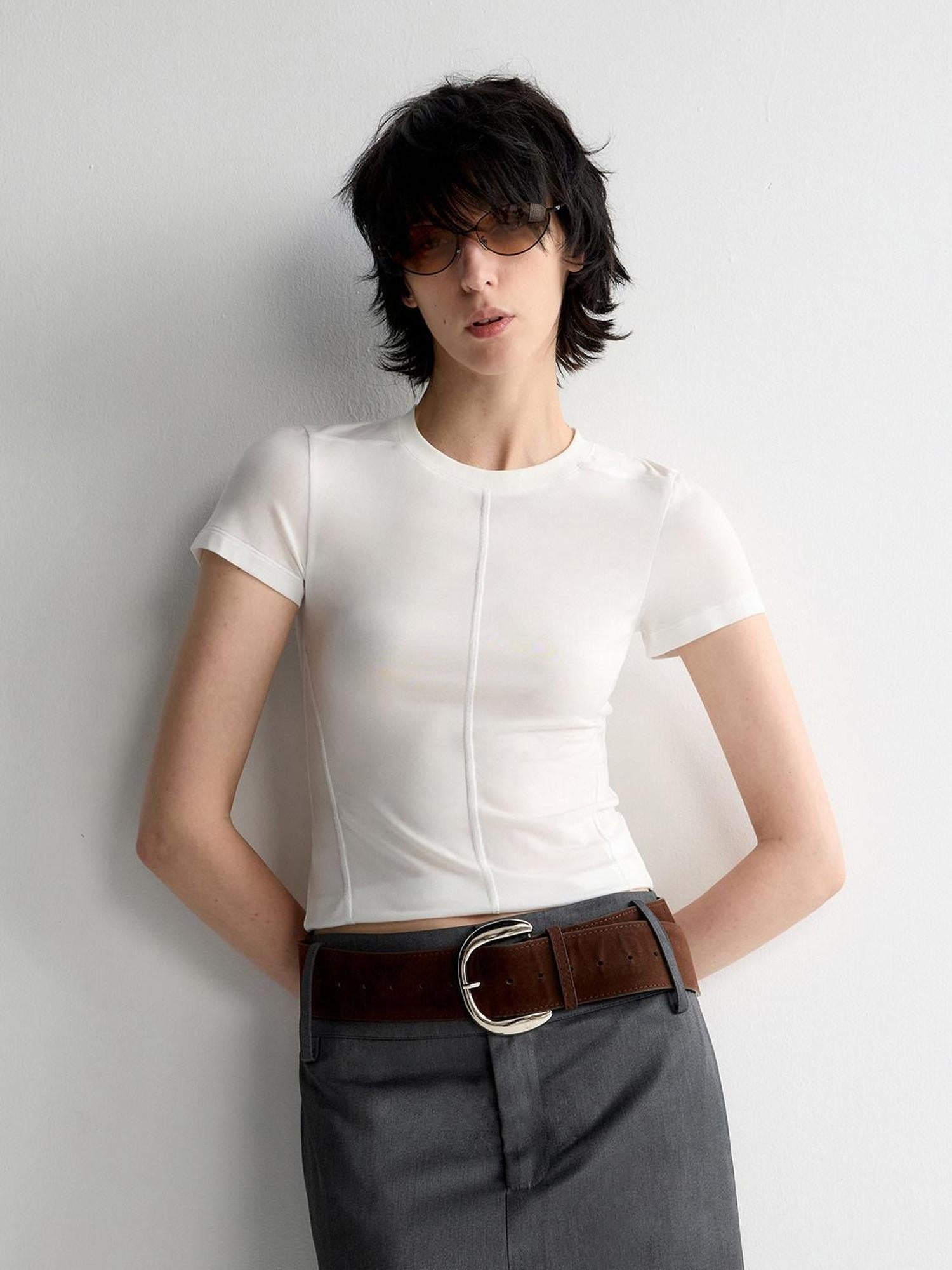 RUN TO THE FUTURE Cooling Lyocell Slim Fit Minimalist Women Office Crew Neck Solid Crop Tops