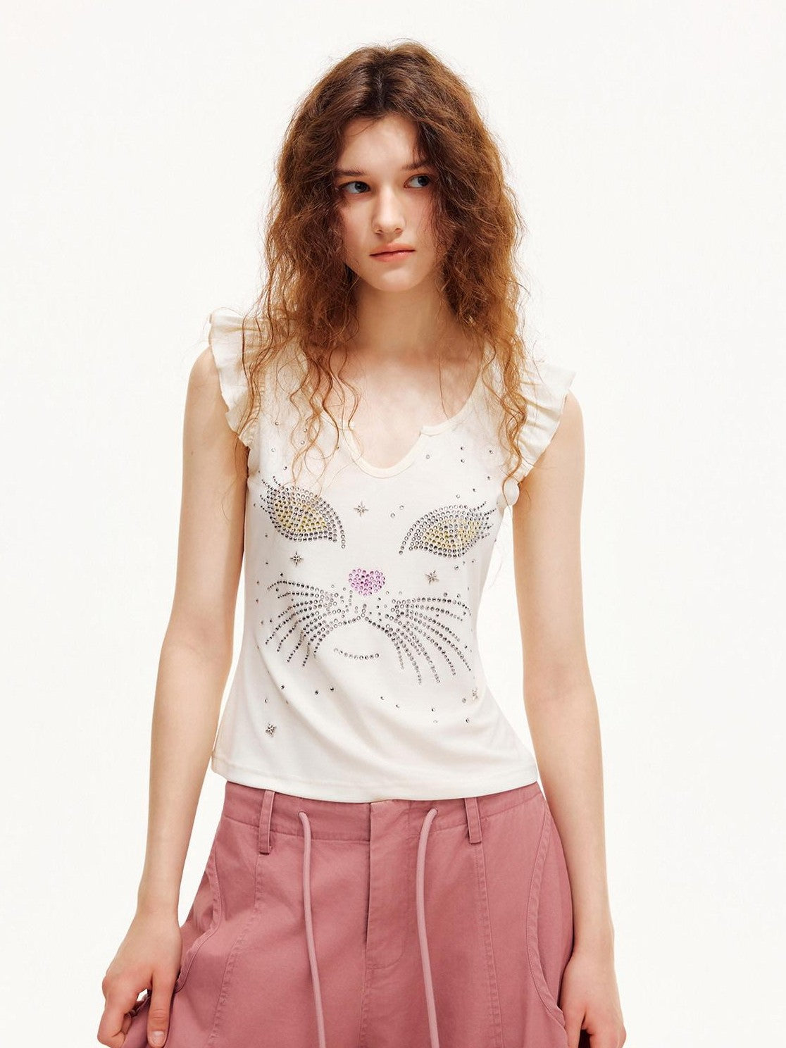 OuttheBlue Starlight Cat Eye Rhinestone Slim Puff Sleeve Women&