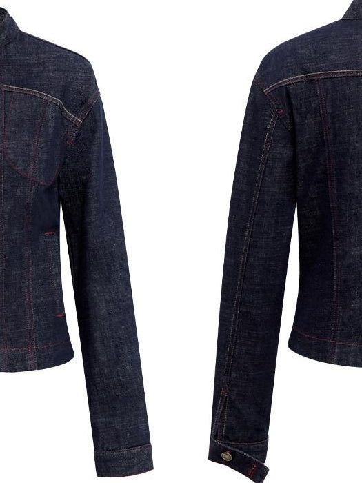 RUN TO THE FUTURE Vintage Asymmetric Fitted Waist Unisex Dark Indigo Cotton Button Denim Jackets