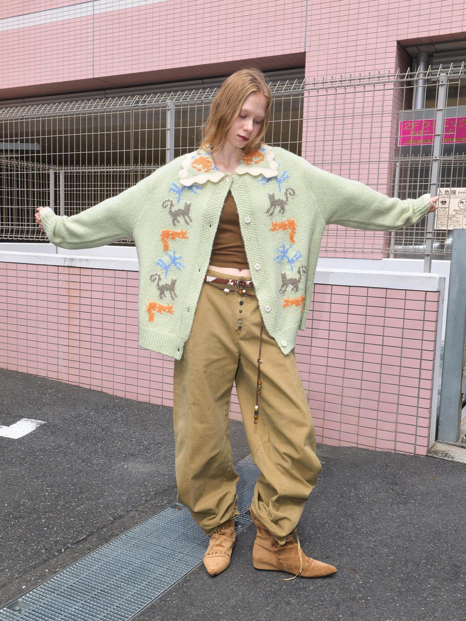 OuttheBlue Warm Acrylic Wool Commuter Loose Jacquard Mint Green Cardigans
