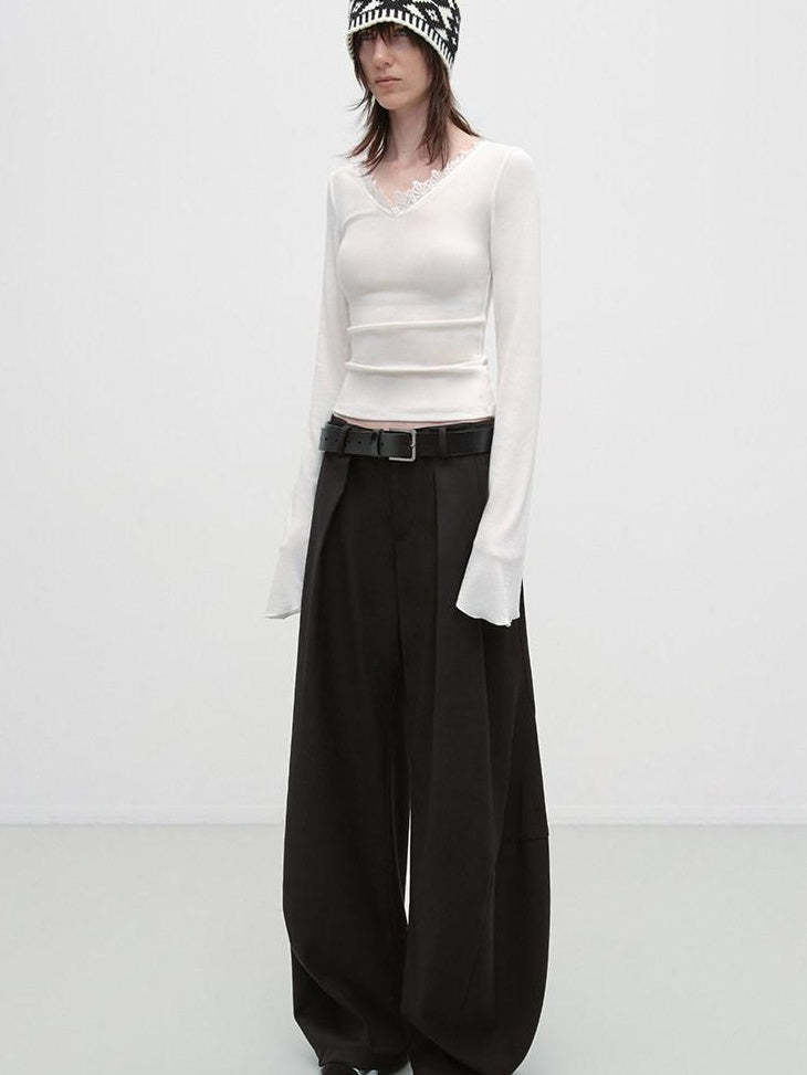 RUN TO THE FUTURE Pleated Minimalist Mid Rise Micro Stretch Casual Loose Fit Black Wide-Leg Pants