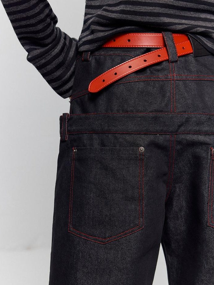 RUN TO THE FUTURE Low Rise Colorblock Loose Fit Zip Fly Black Denim Stretch Wide-Leg Jeans