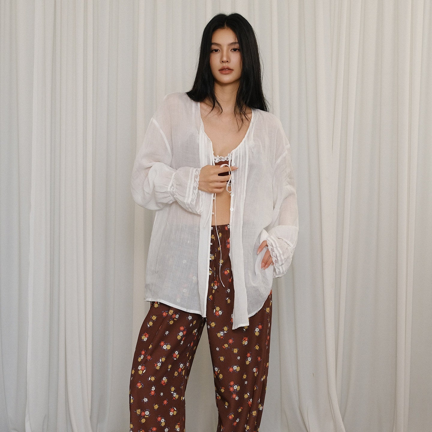 FU_FRESH_UP_French_Lace_Tie_Woven_Long_Sleeve_Loose_Mid_Length_Women&