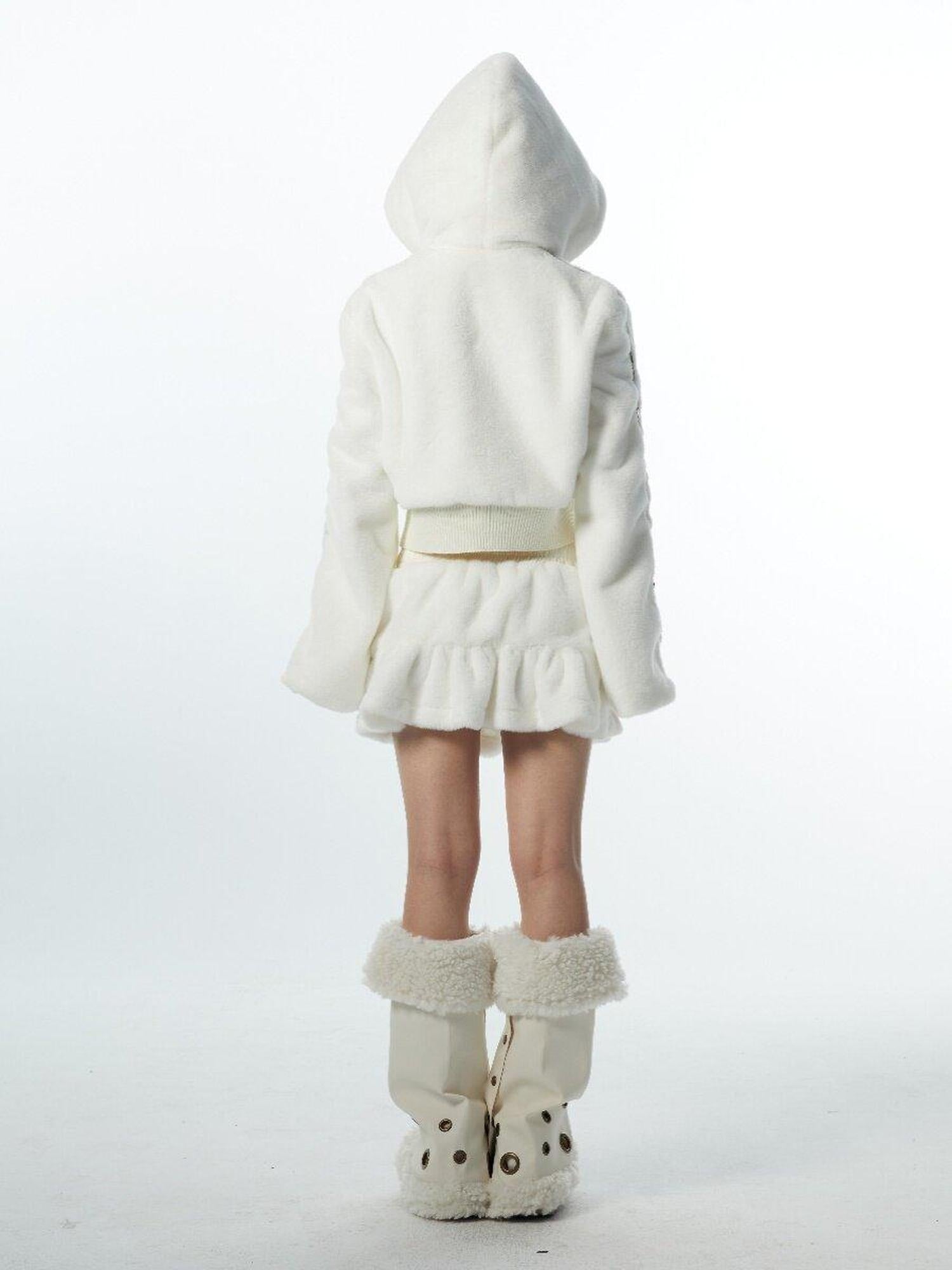 nit alcove Original Design Thick Faux Fleece Loose Cropped Bell Sleeve Unisex White Hoodie
