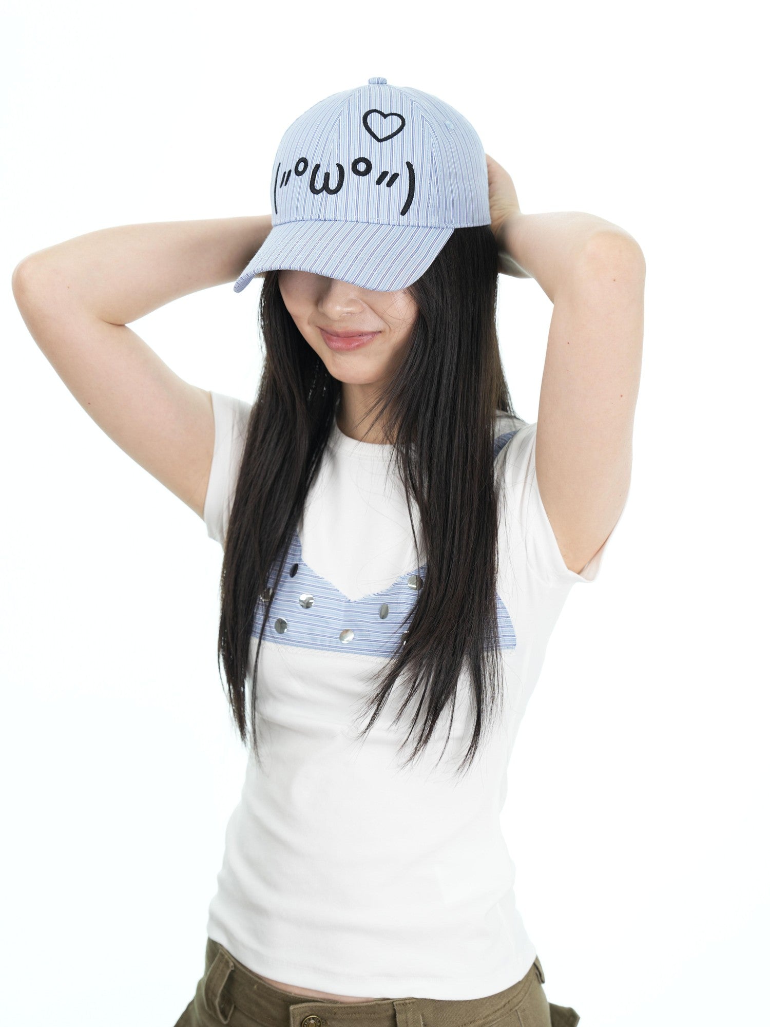 takeabreak Blue Striped Emoticon 3D Embroidery High Crown Women&