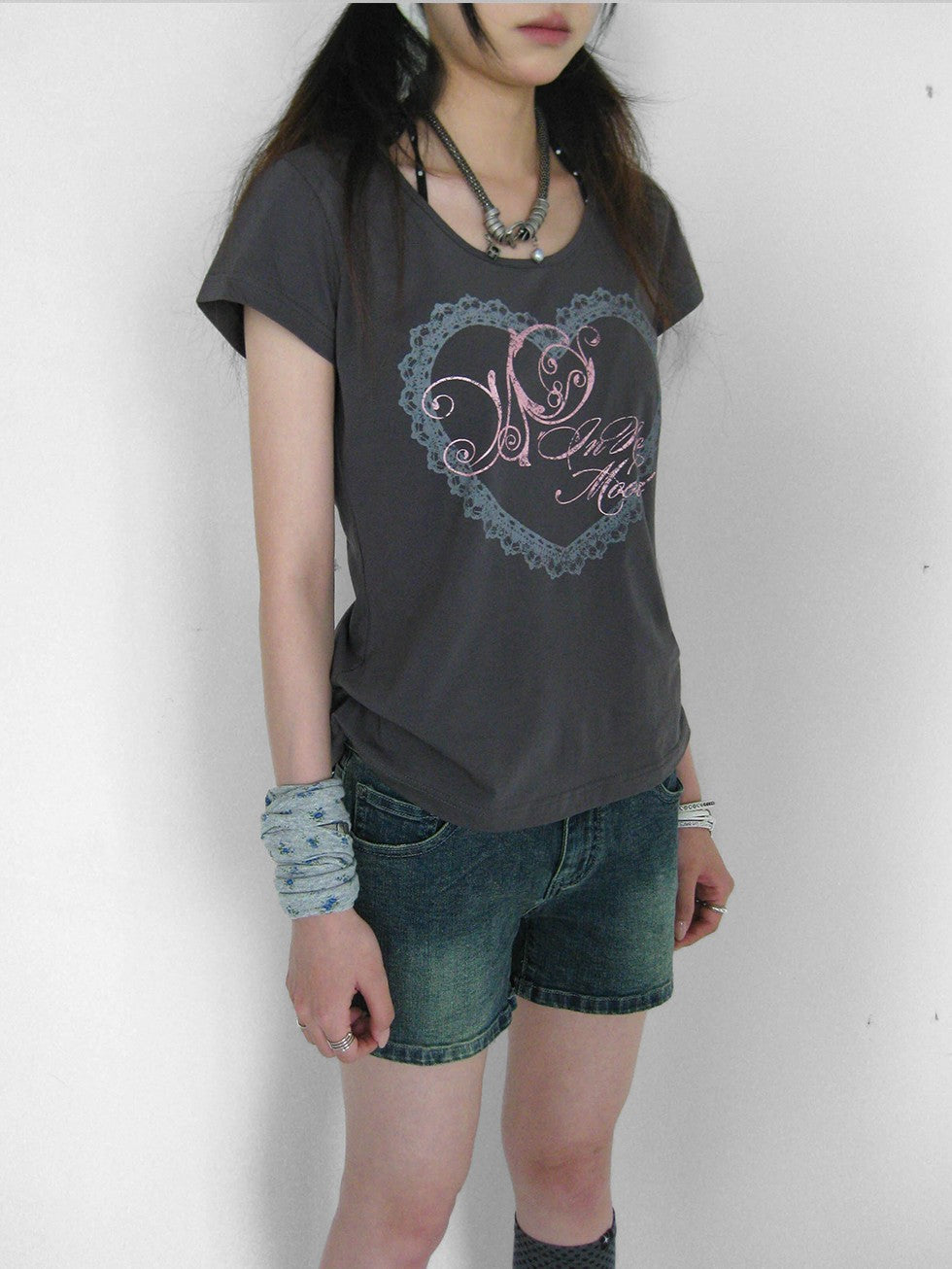 innomoood Lace Print Silver Foil Heart Lettering Women&