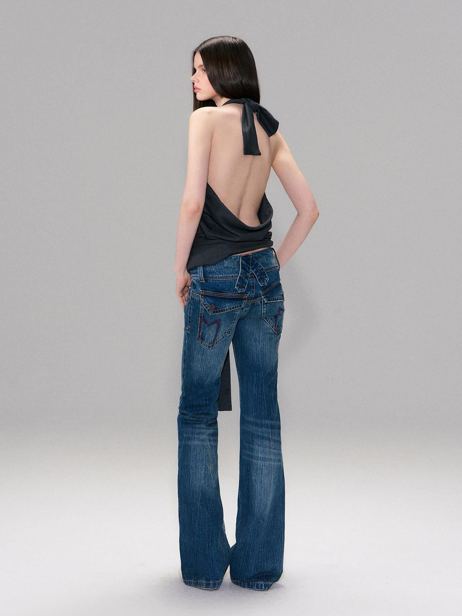 The NeverMore Slight Stretch Low Rise Slim Cotton Casual Women Deep Blue Straight Leg Jeans