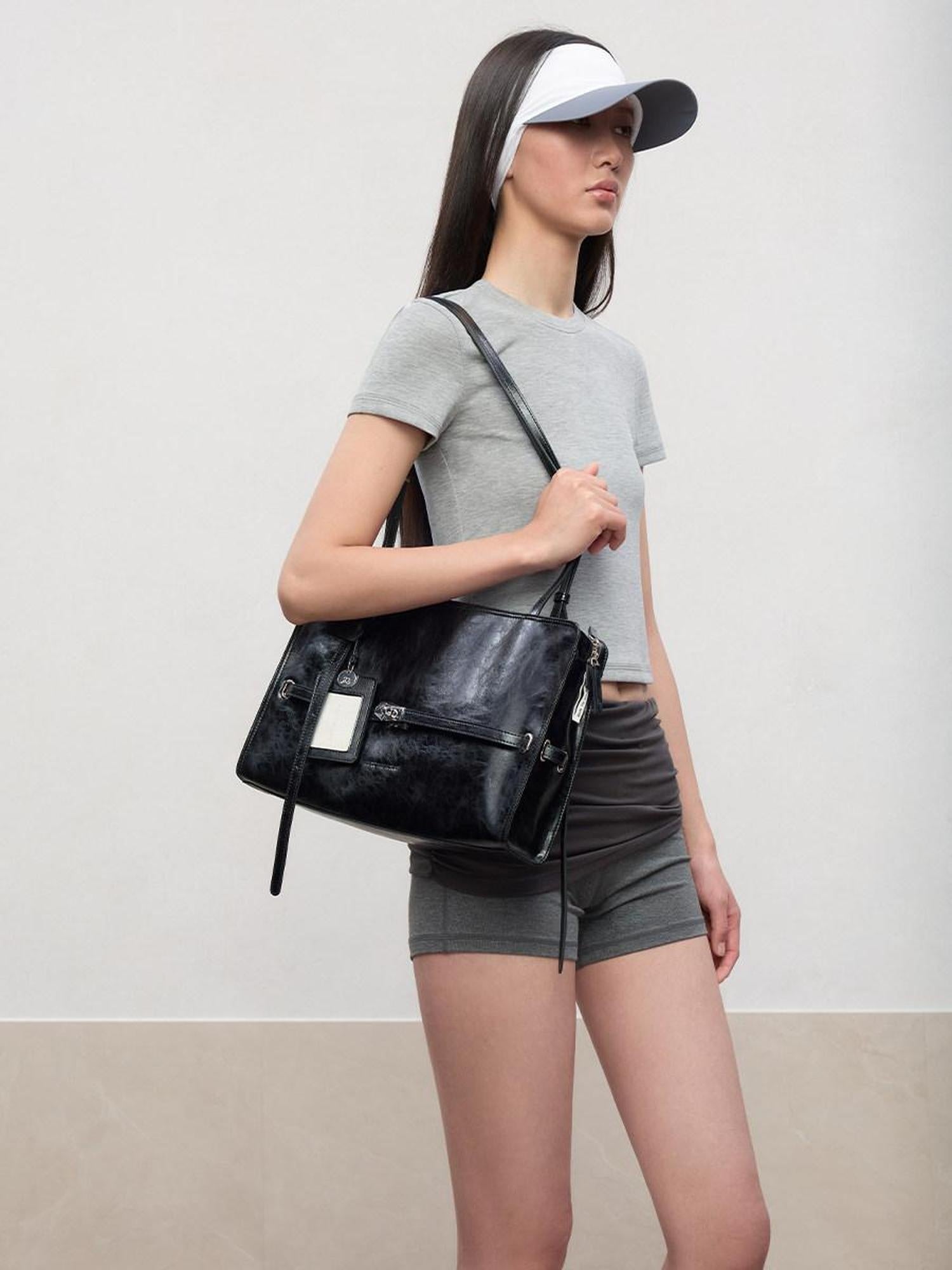RUN TO THE FUTURE Elegant Light Luxury Black Briefcase Style Women Casual Zipper Shoulder Bags