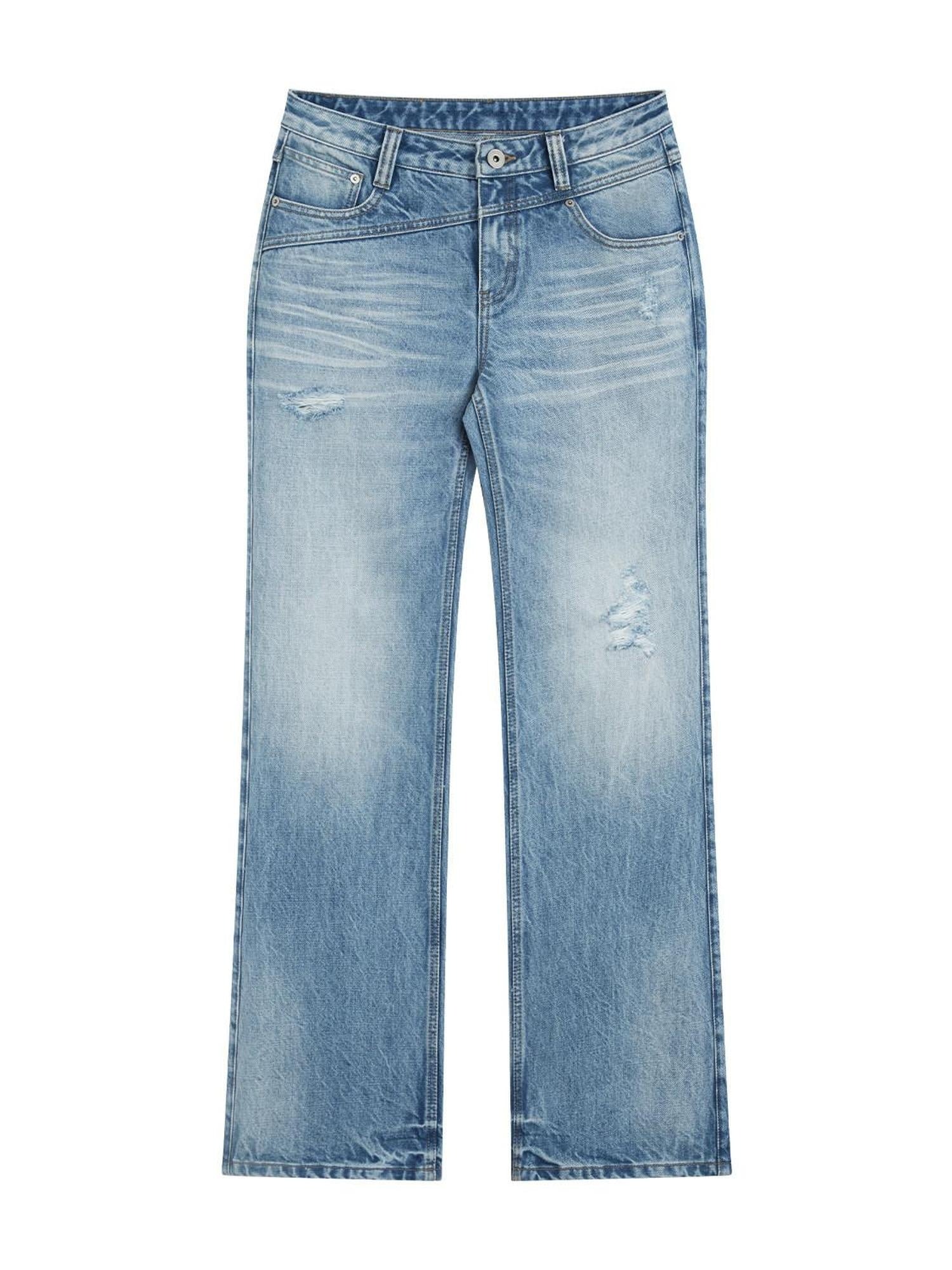 RUN TO THE FUTURE Ripped Low Rise Wide Leg Casual Loose Fit Vintage Ice Blue Denim Straight Jeans