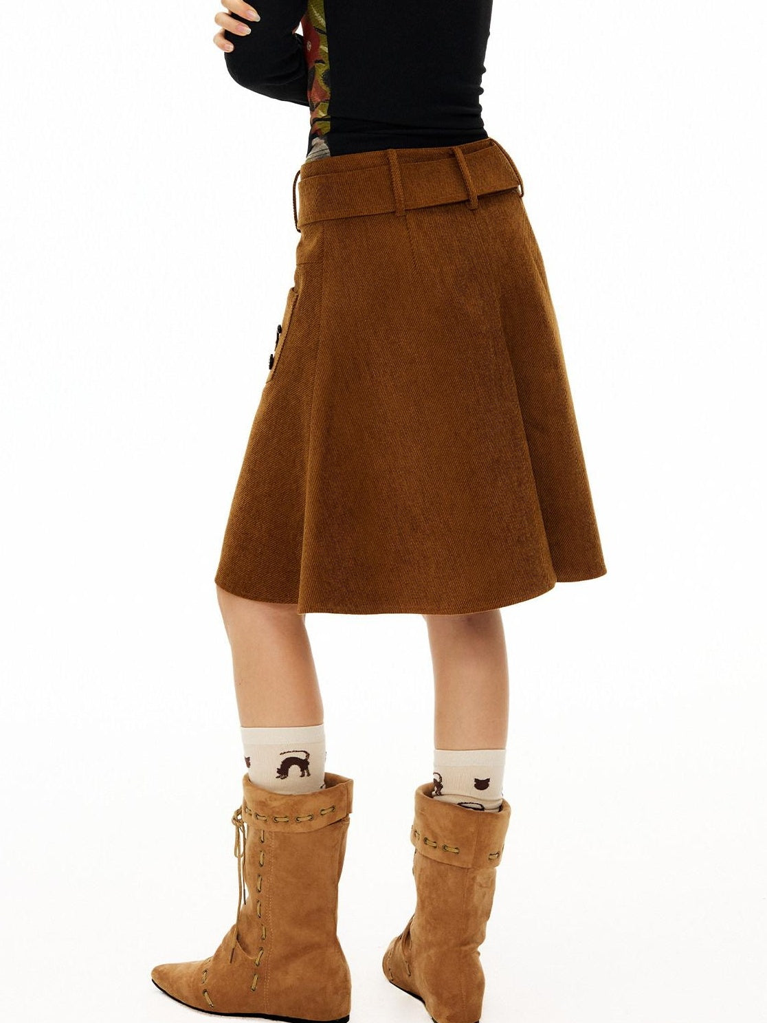 OuttheBlue Handsewn Embroidery Minimalist A Line Mid Waist Caramel Polyester Midi Skirts