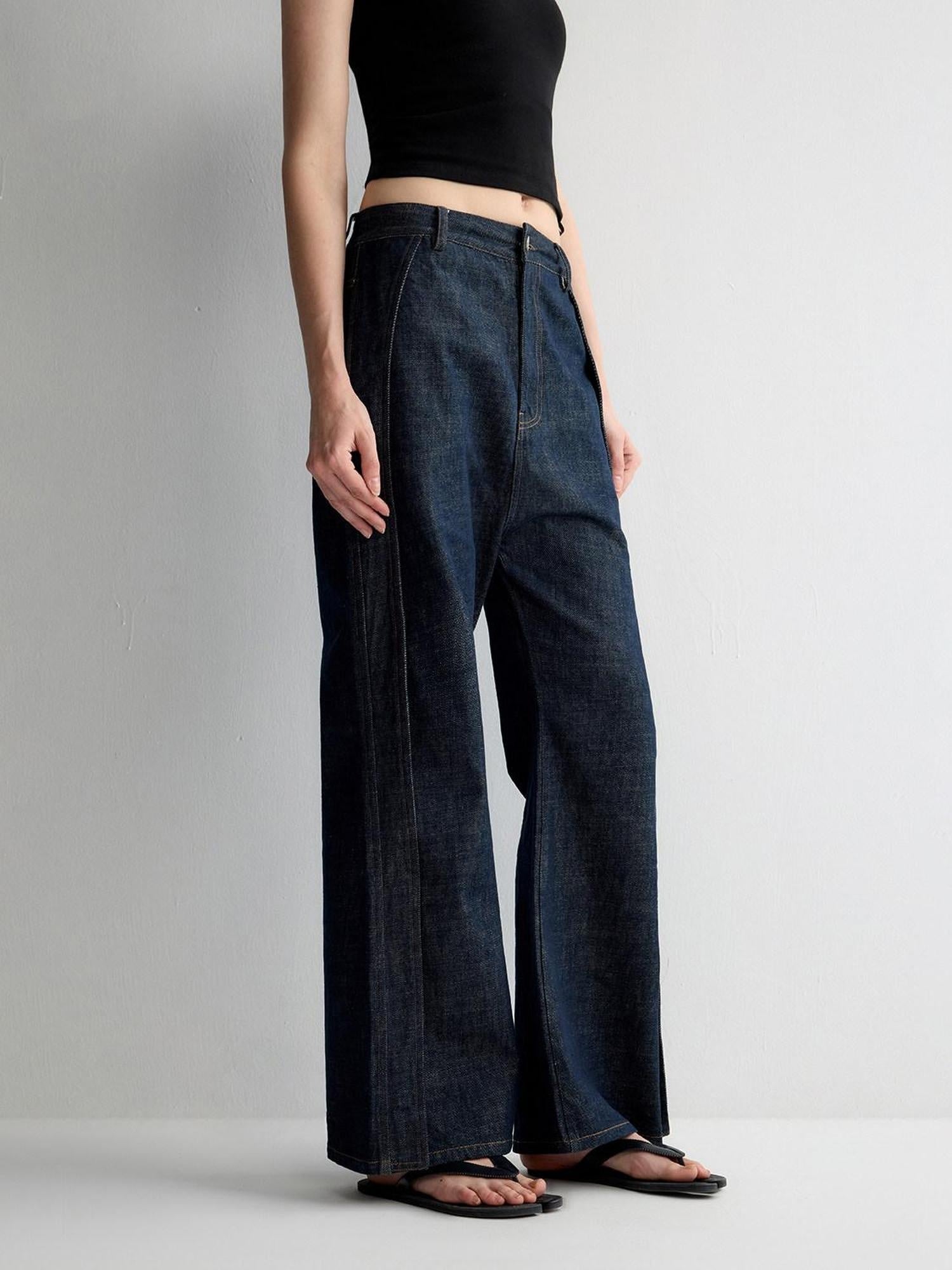RUN TO THE FUTURE Durable Washed Casual Low Rise Wide Leg Dark Denim Flare Jeans