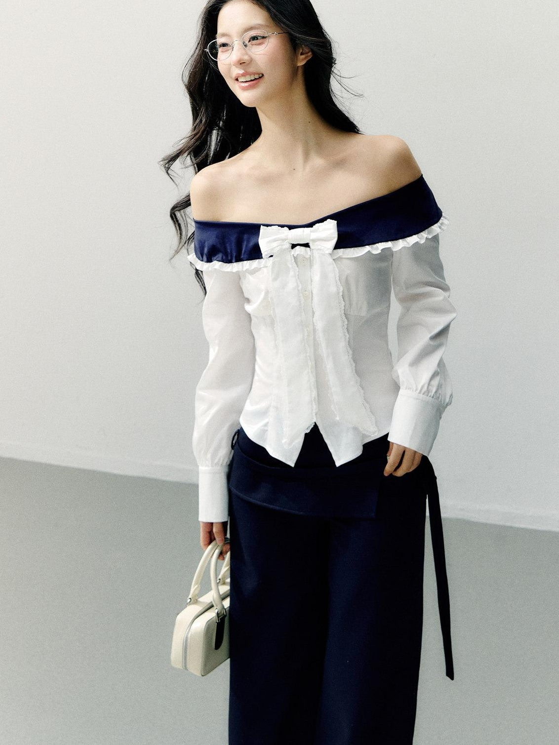 7Shiftin Slimming Off Shoulder Slim Fit Long Sleeve Cotton Bow White Blouses