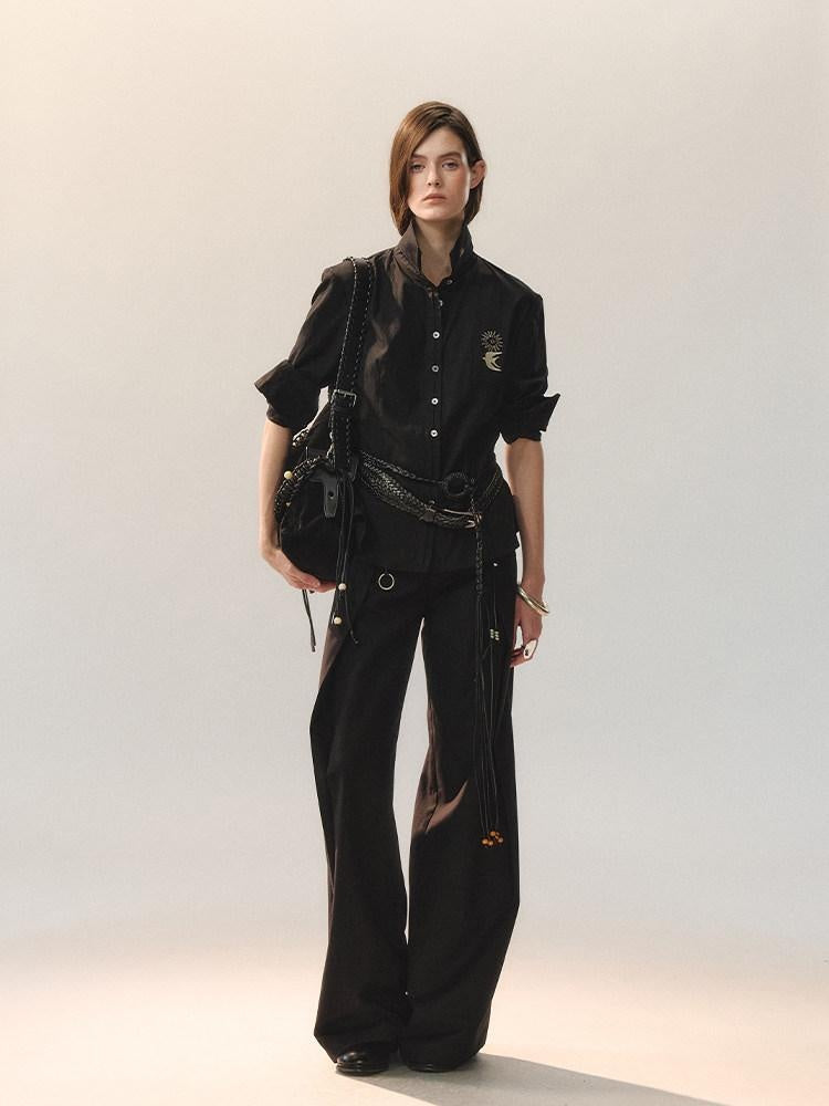 AnnoMundi Embroidered Lyocell Lace Slim Fit Double Collar Long Sleeve Women Black Blouses