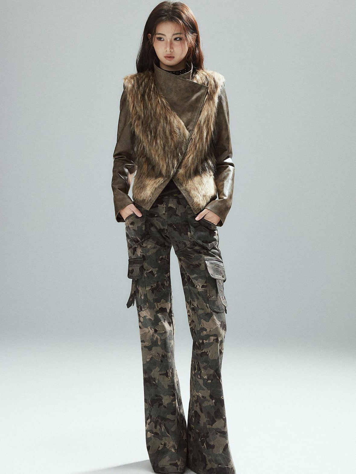 Low pixel Thick Waist Cinch Patchwork Street Style Women Brown Zipper Lapel Cropped Jackets