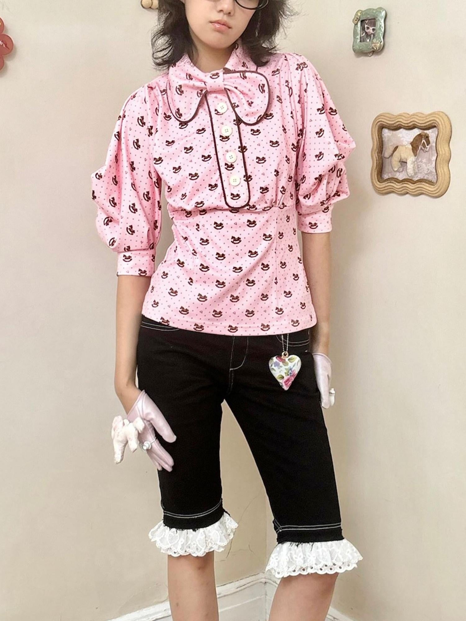 nit alcove Cute Deer Print Double Layer Denim Casual Natural Waist Girls Mid-Length Shorts