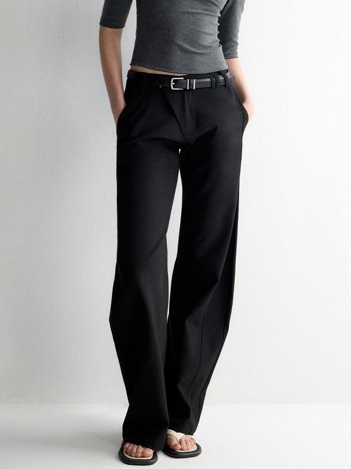 RUN TO THE FUTURE Soft Stretch Low Rise Minimal Loose Curved Tapered Women Classic Black Chinos