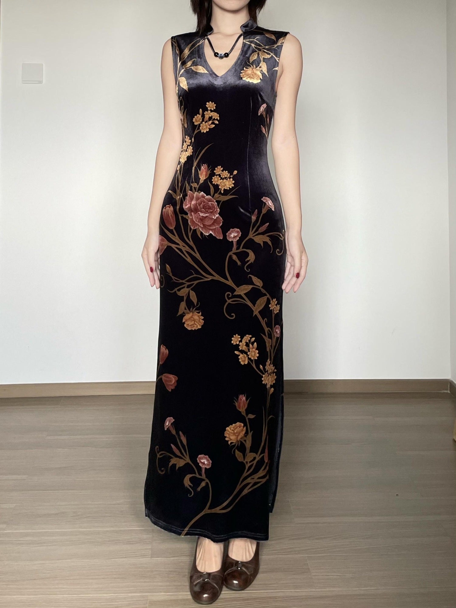 Wet Tail Breathable Floral Cheongsam Vintage Long Sleeve Everyday Casual Maxi Dresses