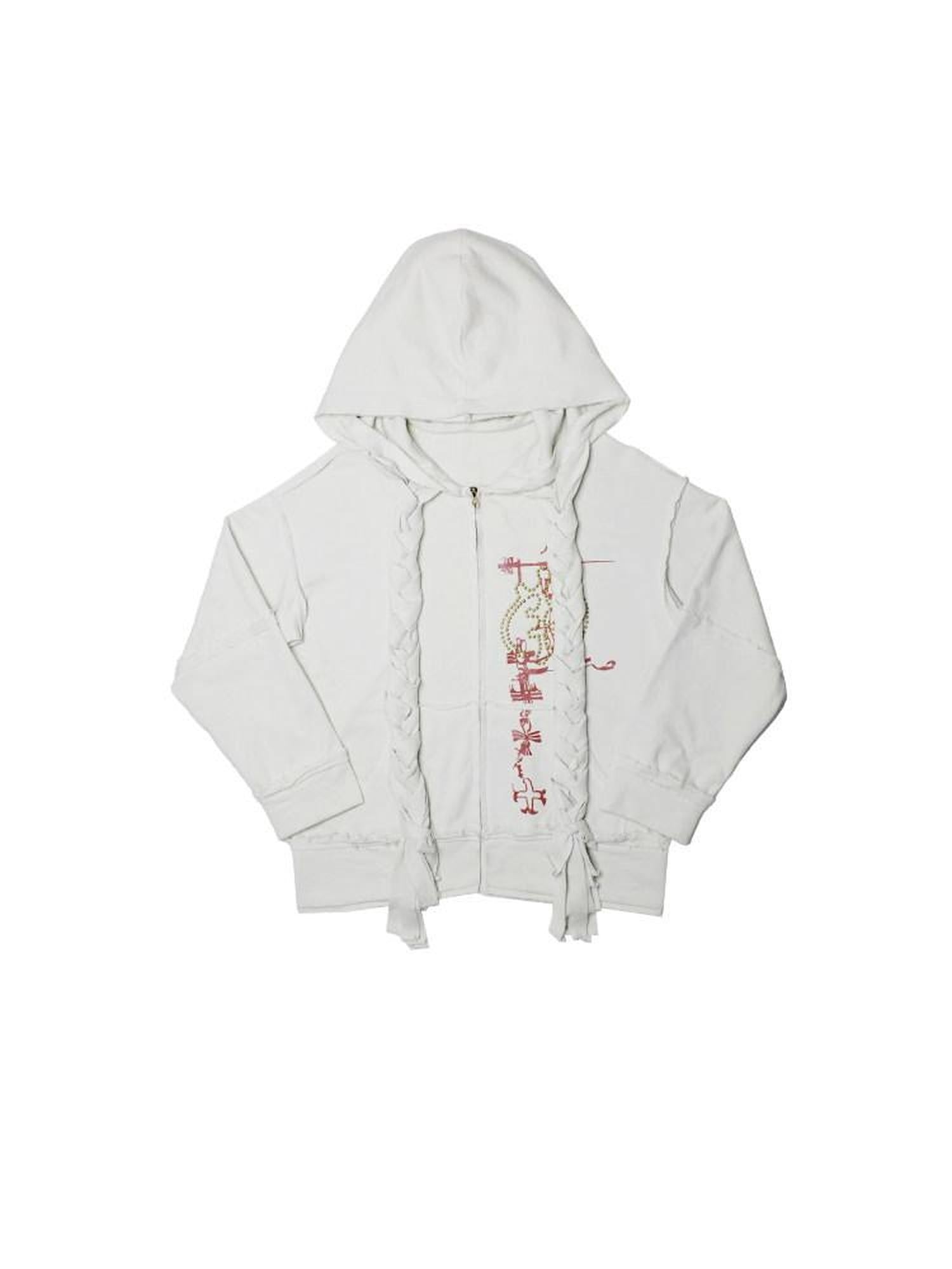 nit alcove Distressed Patch Fringe Loose Fit Lycra Cotton Unisex Vintage Zip Letter Hoodie