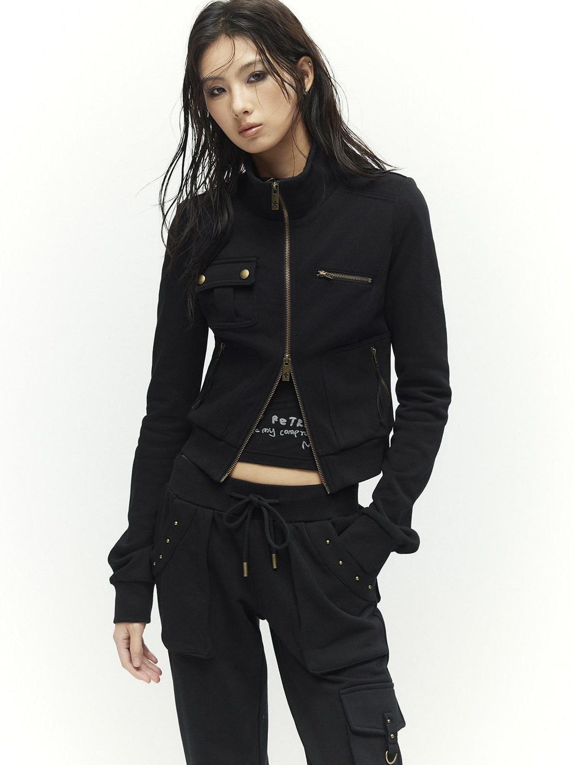 Low pixel Studded Slim Fit Zip Front Stand Collar Thick Cotton Black Top & Pants Sets