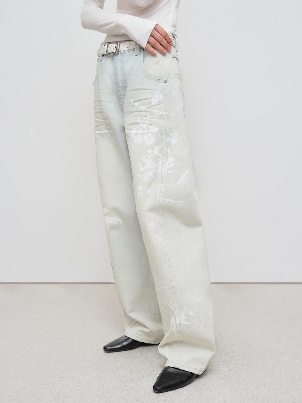 RUN TO THE FUTURE Vintage Light Blue Floral Cotton Loose Casual Womens Zipper Fly Wide-Leg Jeans