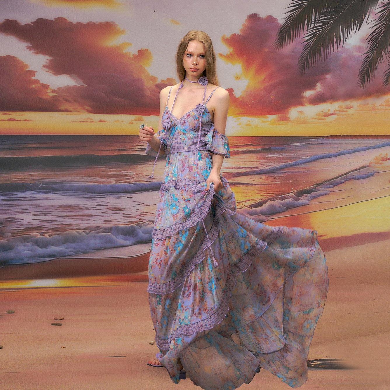 The NeverMore High Waist A Line V-neck Strappy Street Women Blue Purple Polyester Maxi Dresses