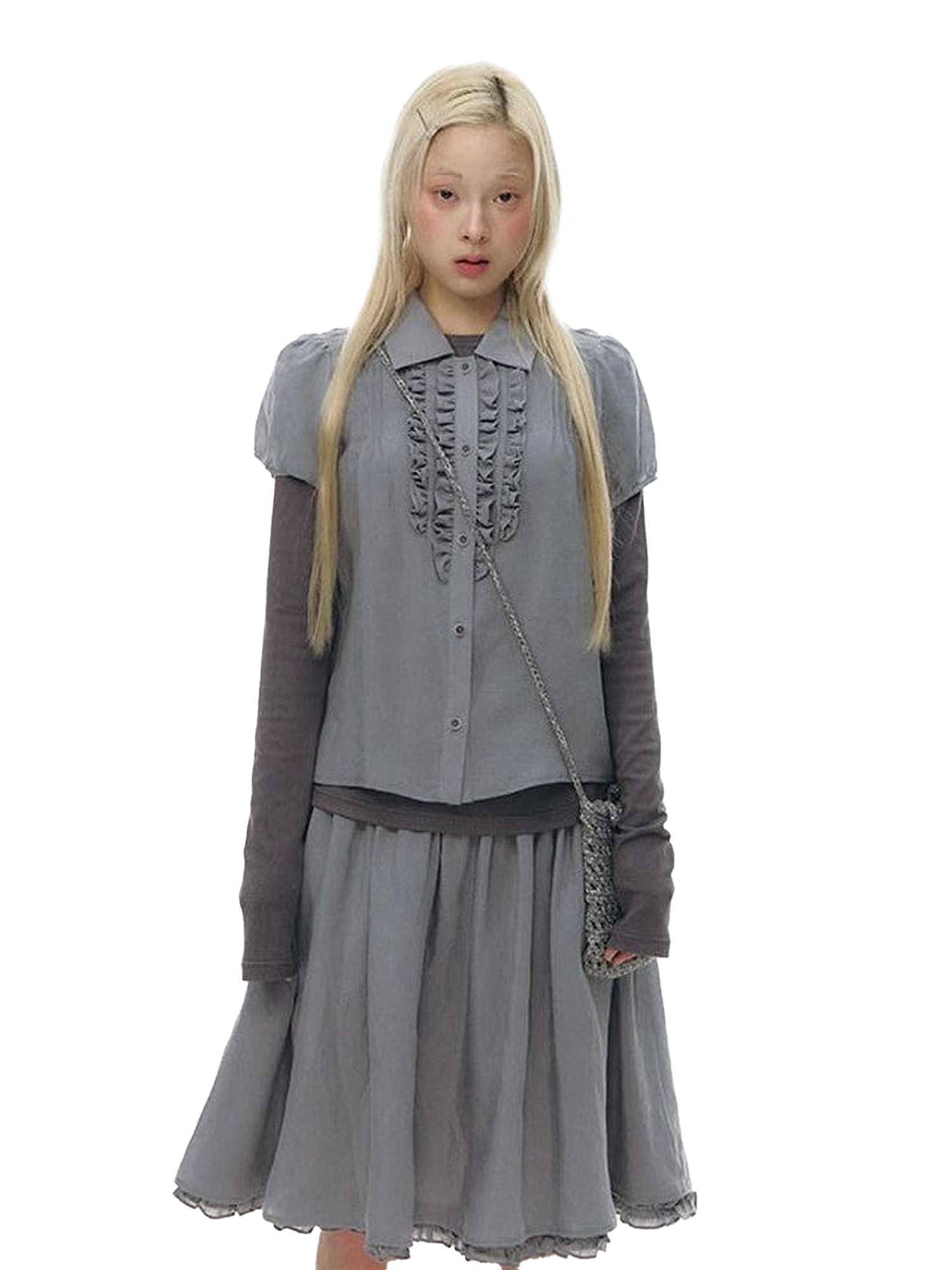 NAPSNAPS Gray Blue Lace Puff Sleeves Cardigan Women&