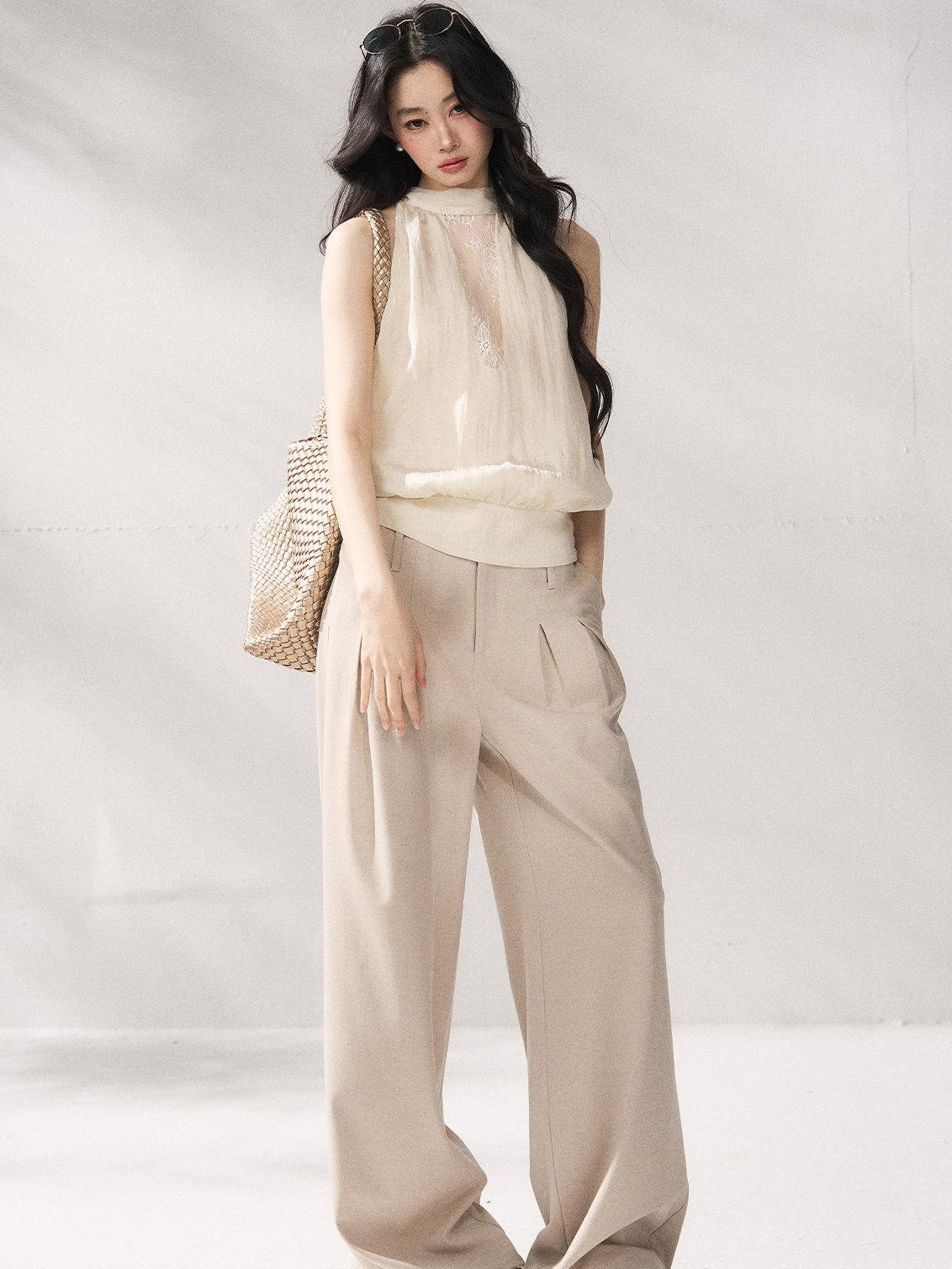 7Shiftin Soft Lyocell Loose Halter High Neck Short Beige Womens Off Shoulder Crop Tops
