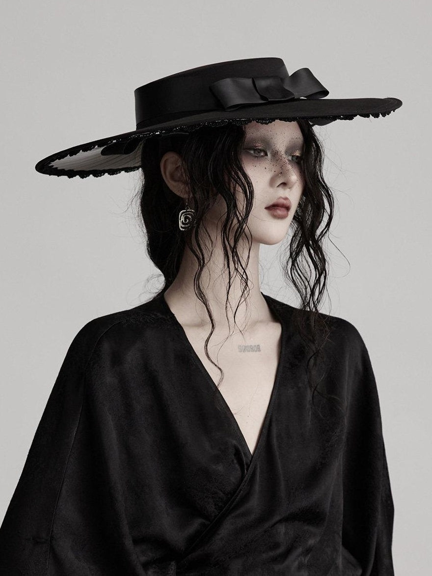 INDULGE Gothic V-neck Viscose Flared Loose Casual Womens Black Trench Coats