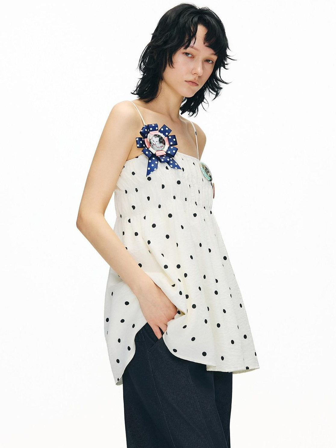 OuttheBlue Soft Cotton Loose Fit Polka Dot Spaghetti Strap Beige Slip Mini Dresses