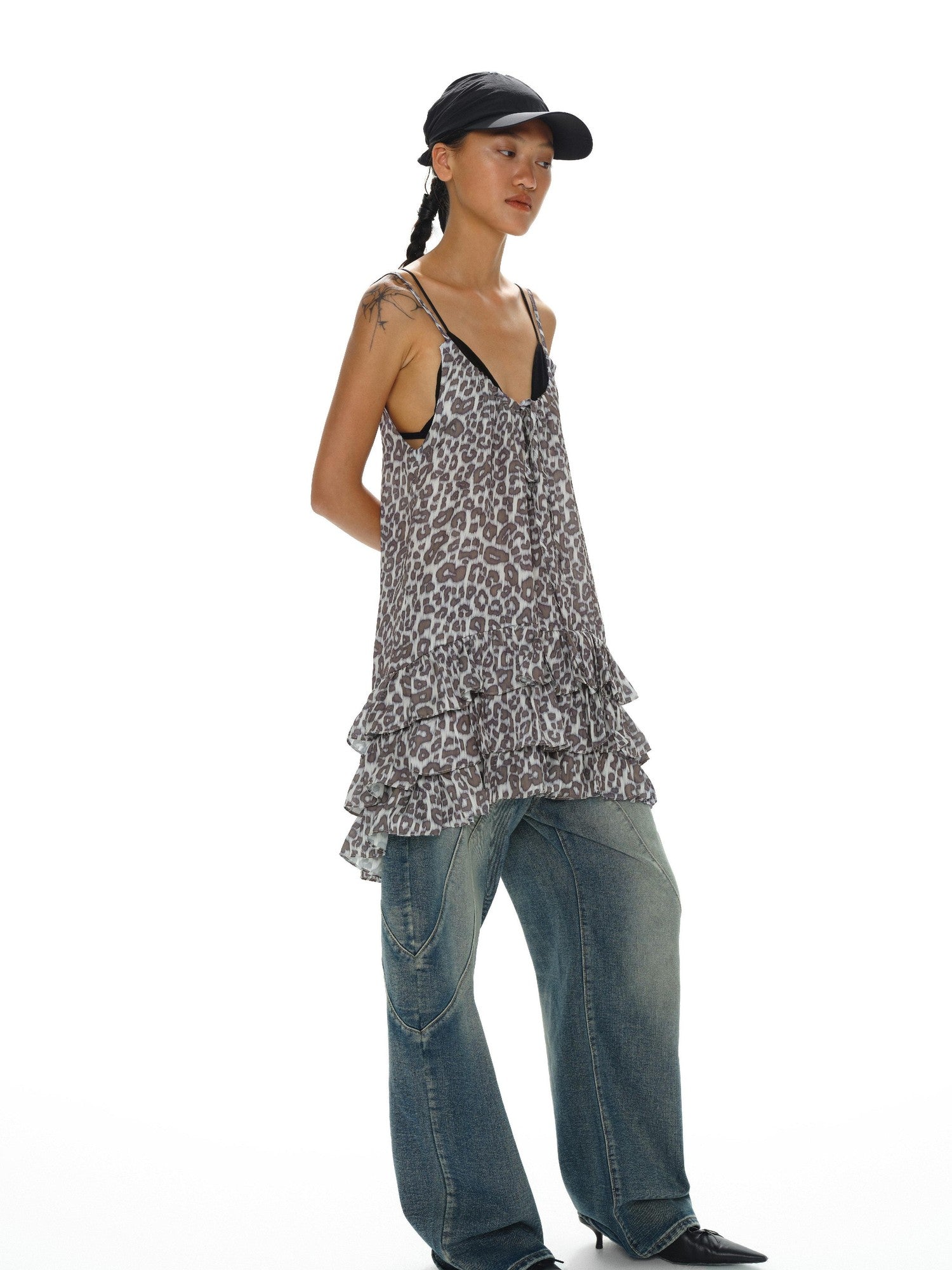 oinimi Leopard Print Ruffle Hem Adjustable Straps Women&