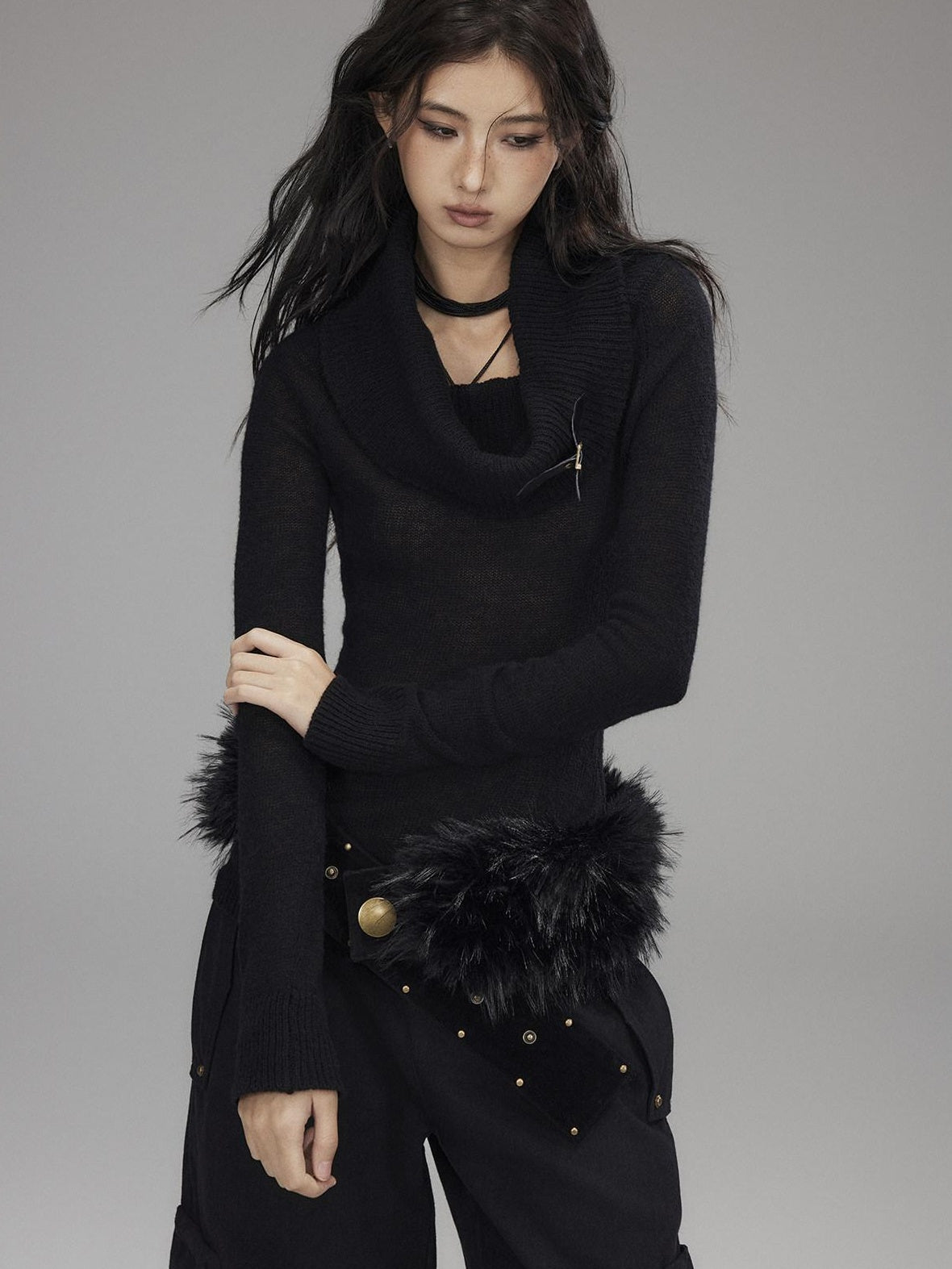 Low pixel Wool Blend Pullover Loose Fit Commuter Boat Neck Black Knit Sweaters