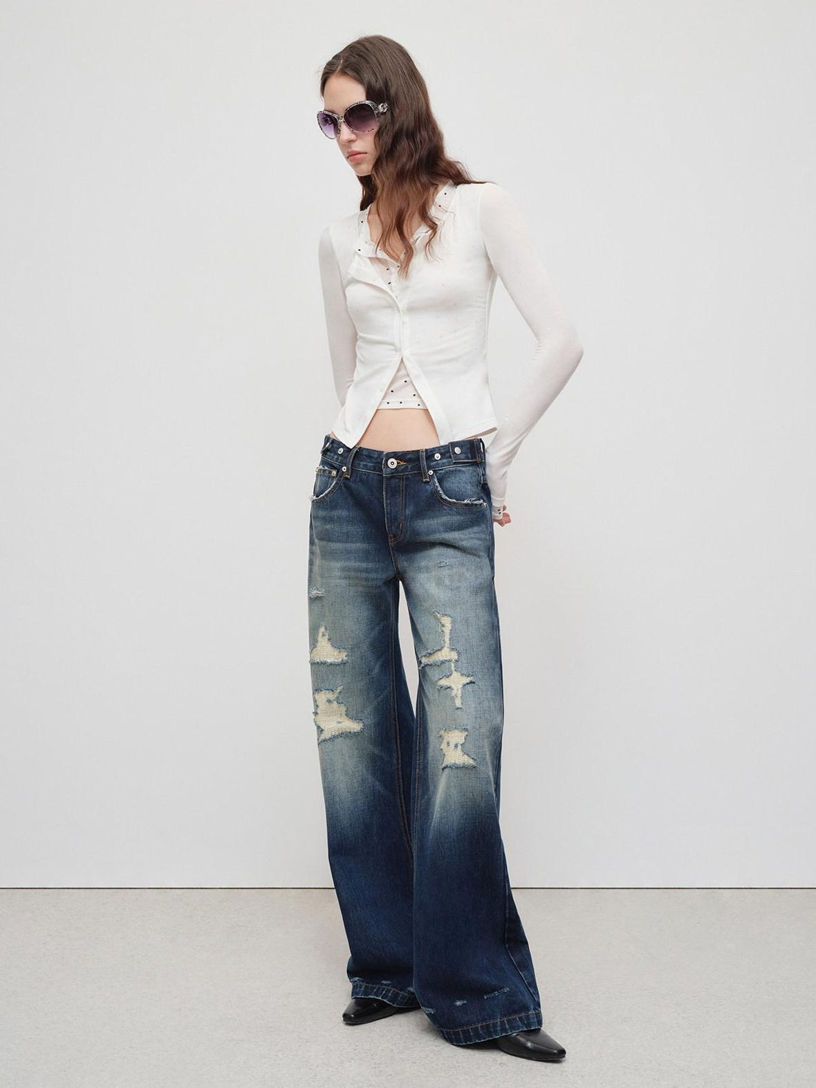 RUN TO THE FUTURE Vintage Distressed Low Rise Ripped Loose Fit Women Cotton Zipper Wide-Leg Jeans