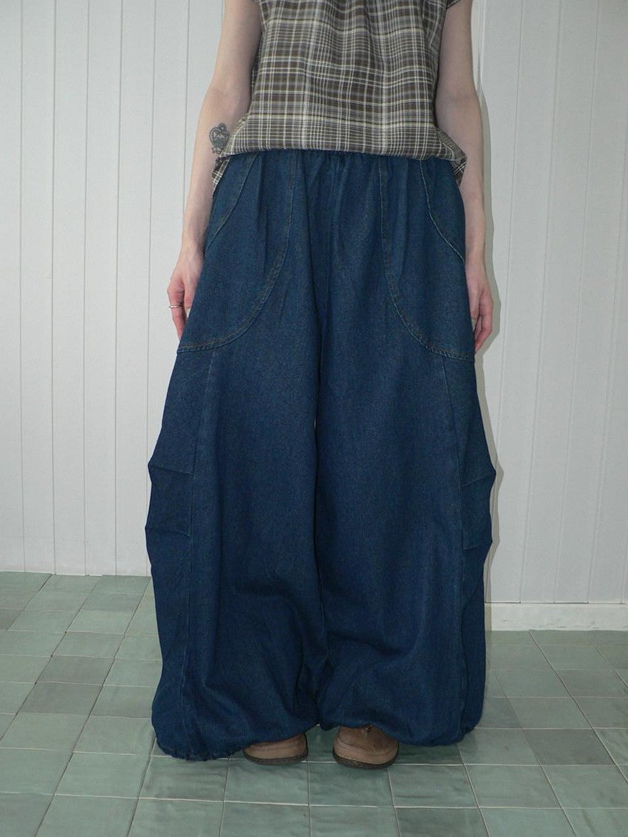 ang project Deep Blue Vintage Pleated Elastic Waist Loose Fit Women&