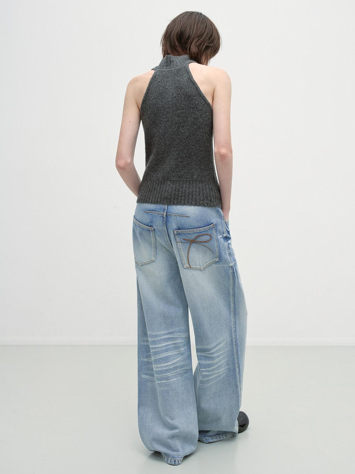 RUN TO THE FUTURE Washed Low Waist Casual Loose Fit Cotton Zipper Women Denim Blue Wide-Leg Jeans
