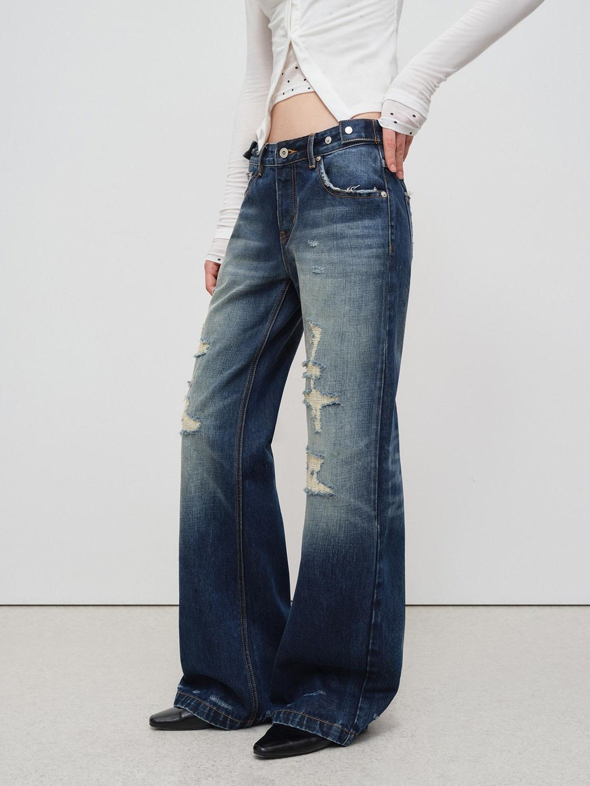 RUN TO THE FUTURE Vintage Distressed Low Rise Ripped Loose Fit Women Cotton Zipper Wide-Leg Jeans