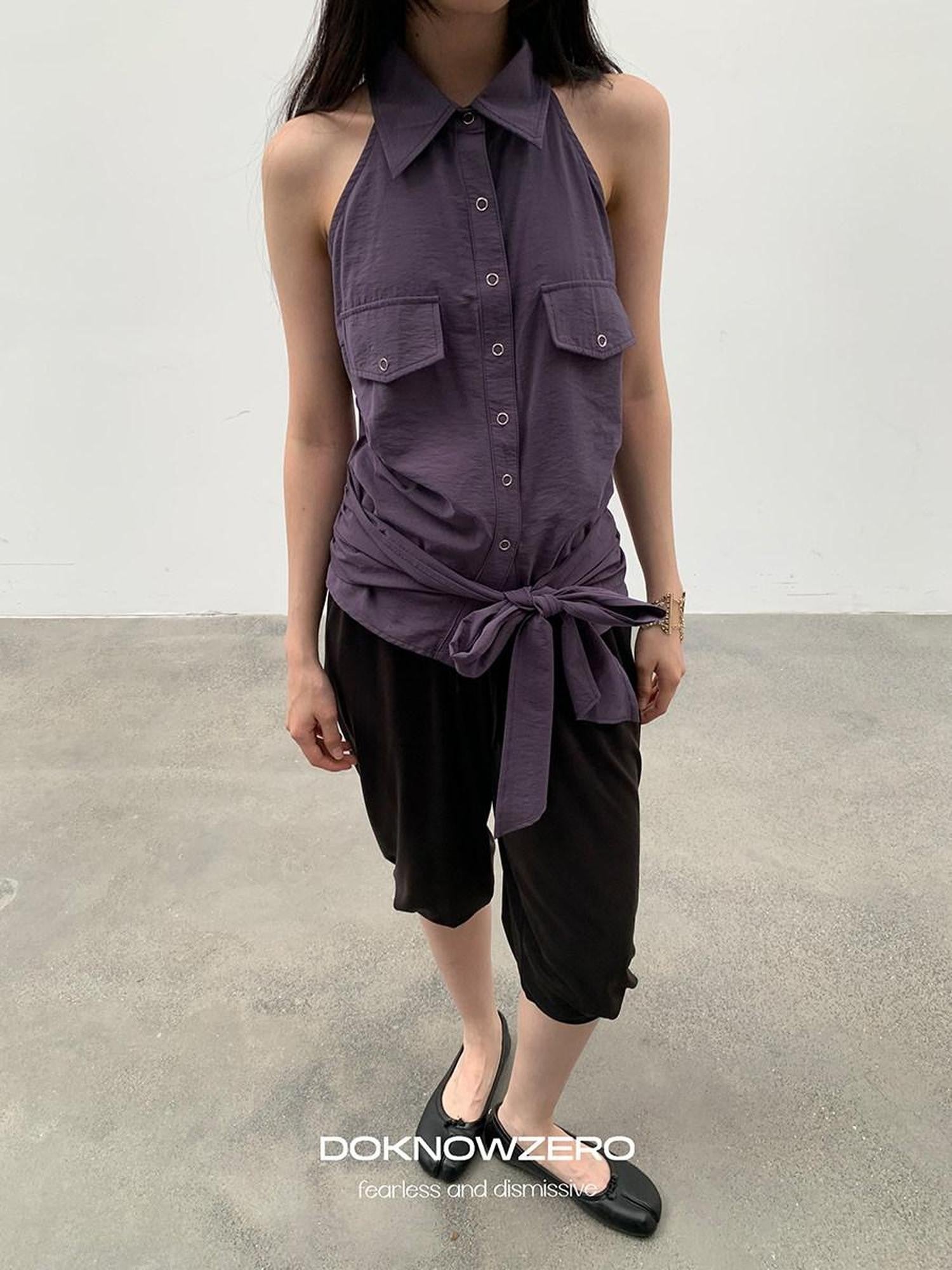 DKZ OFFICIAL Purple Halter Neck Shirt Style Lapel Collar Tie Waist Women&
