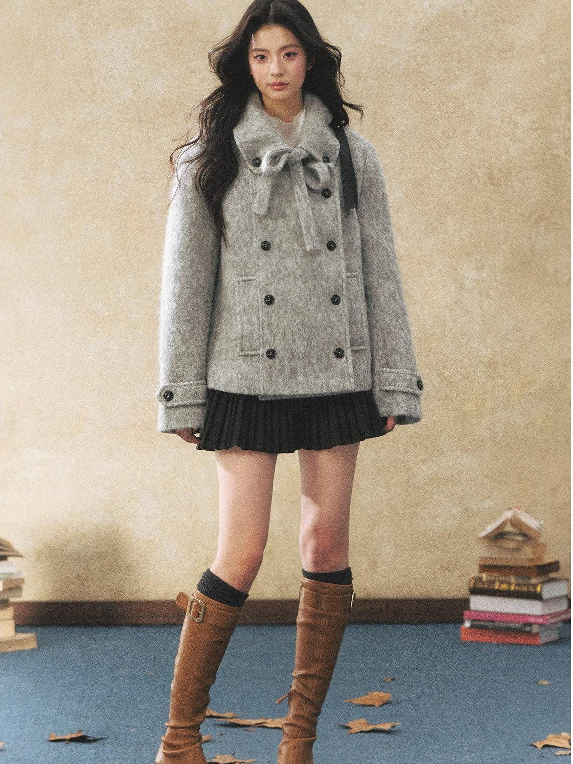 7Shiftin Warm Casual Fitted Waist Bow Detail Double Breasted Cropped Women Knit Sweaters