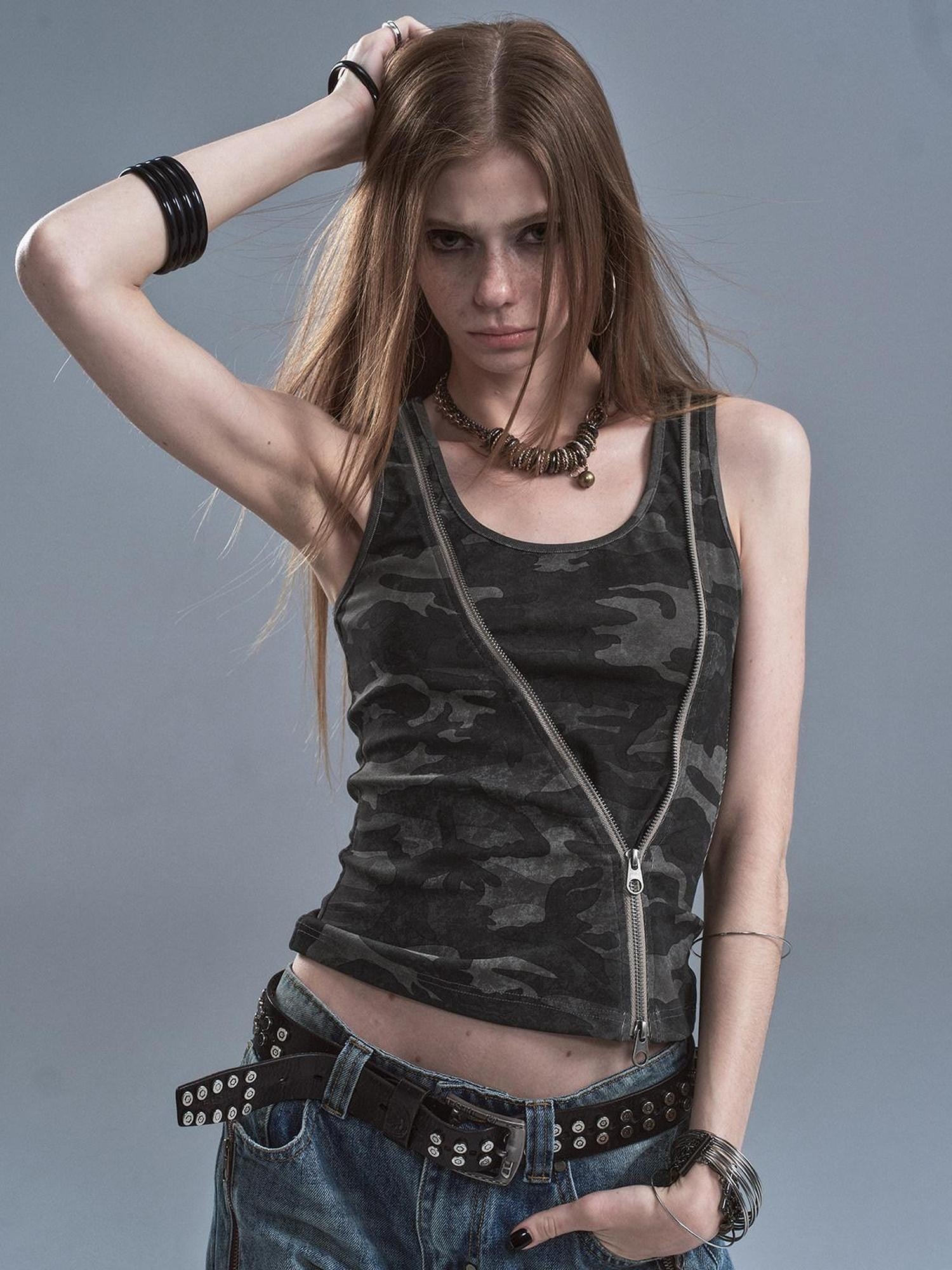 wear And tear Printed Camo Black Diagonal Zip Two Way Cinched Waist Women&