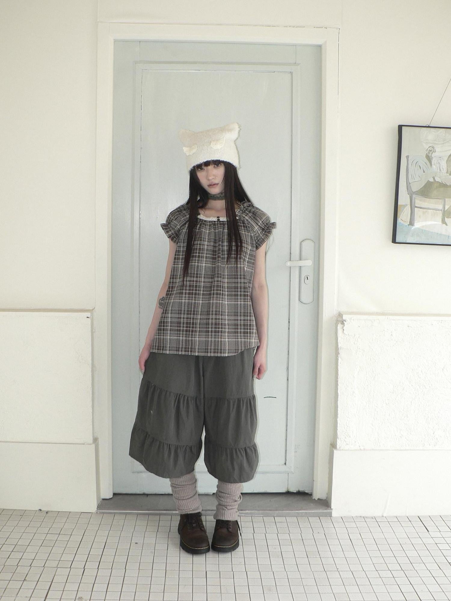 ang project Brown Plaid Patchwork Lace Trim Puff Sleeve Women&